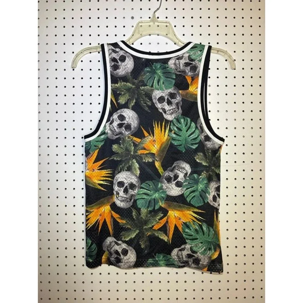 No Boundaries Men’s XS Tropical Skull Floral Mesh Tank Top Black Sleeveless